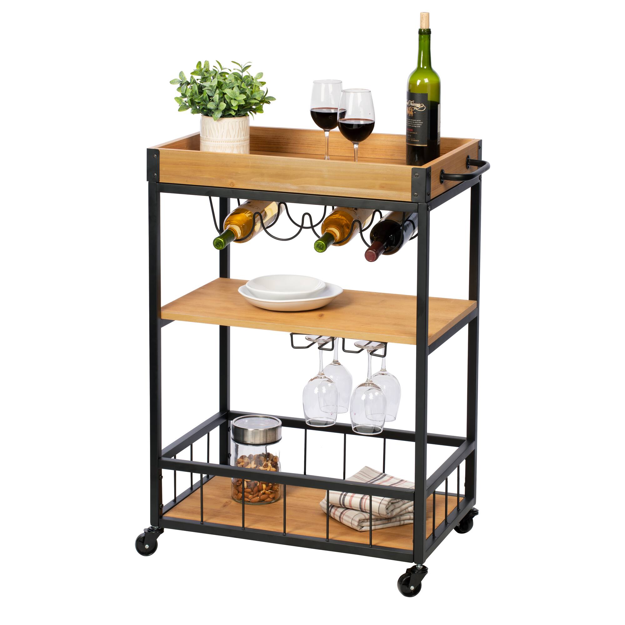 Honey Can Do Industrial Rolling Bar Cart with Removable Serving Tray